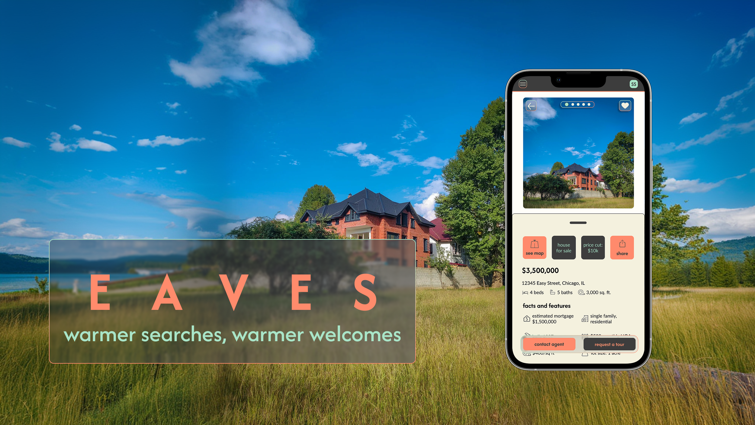 A house listing app displayed on a smartphone with a house photo, price, address, and features. The background shows a scenic outdoor landscape with green grass, trees, and a bright blue sky with clouds.
