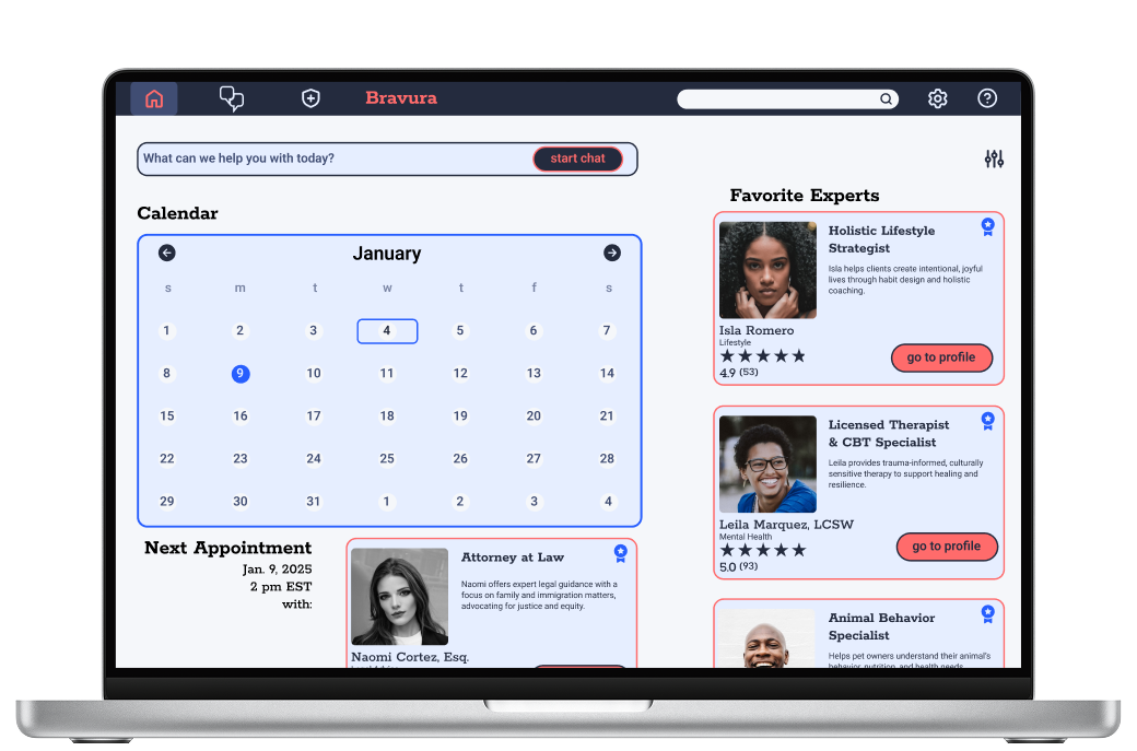 Laptop screen showing a scheduling web app with a January calendar, a chat start button, upcoming appointment details, and a list of experts including a Lifestyle Strategist, a Licensed Therapist, and an Animal Behavior Specialist.