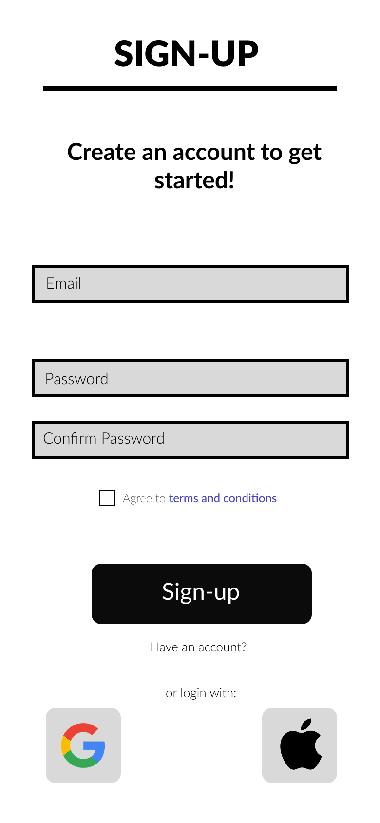 Mobile app sign-up screen with fields for email, password, and confirm password, a checkbox for terms, and options to log in with Google or Apple.