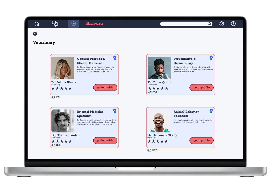 Laptop screen displaying a veterinary medical profiles page with four profiles: Dr. Felicia Rivers, Dr. Omar Quinn, Dr. Charlie Bandari, and Dr. Benjamin Okafor, each with a photo, specialty, rating, and a red button labeled "go to profile."