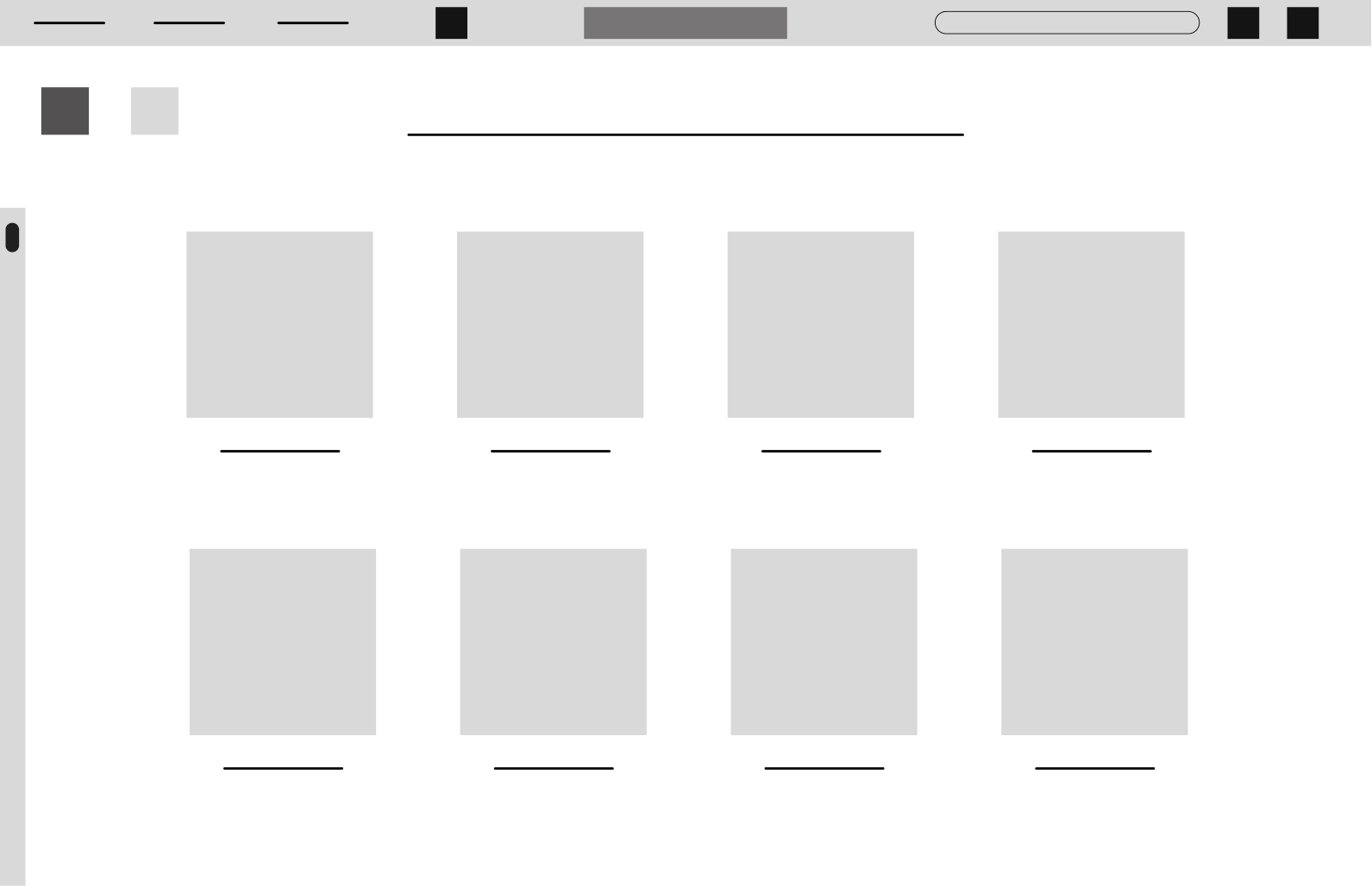 A grayscale website layout with gray rectangles representing images or videos and black lines indicating text, with a header and navigation bar at the top.