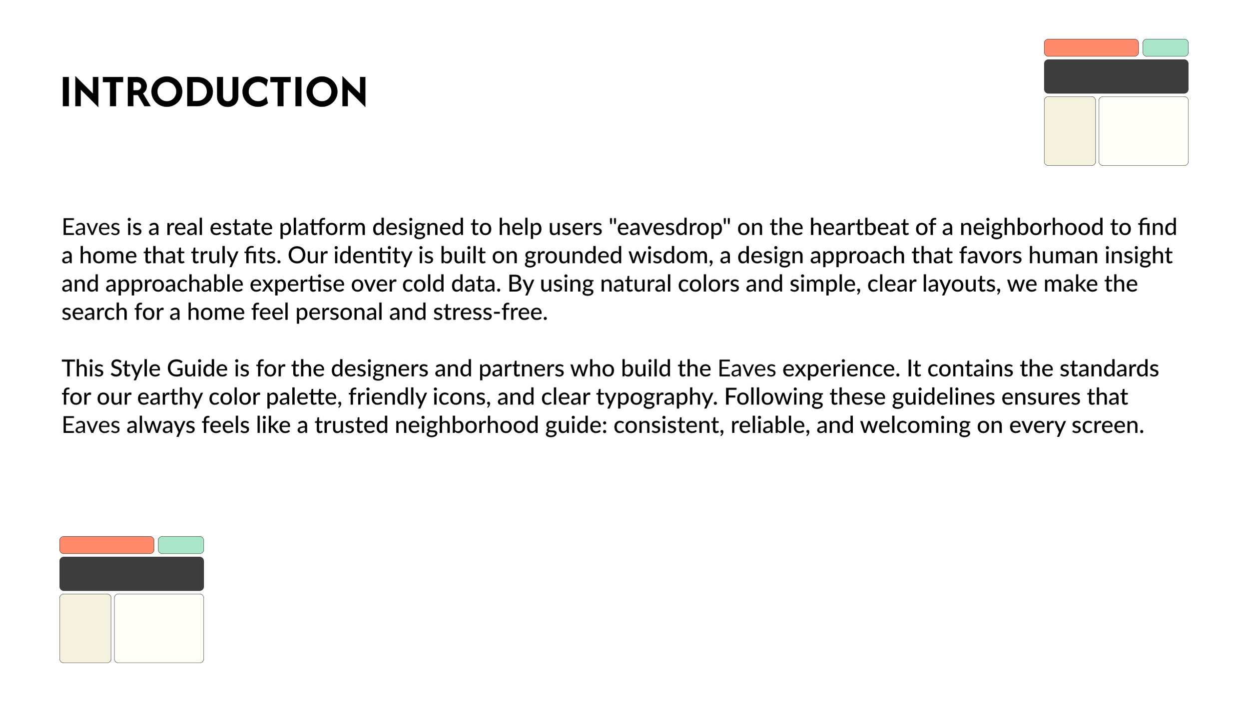 Page titled 'Introduction' with text about Eaves, a real estate platform. There is a color palette in the top right corner and a smaller version of the palette in the bottom left corner.