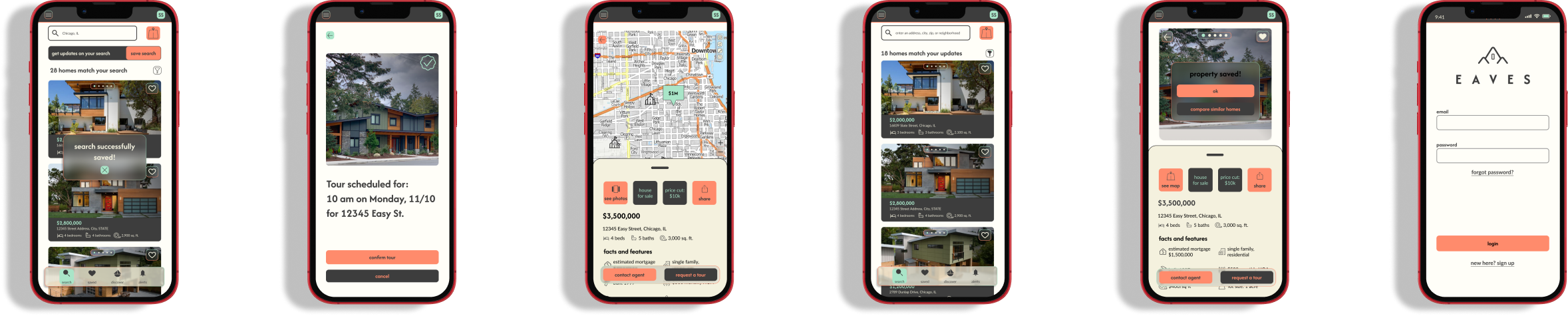 Series of mobile screens displaying a real estate app interface. The app shows property listings, maps, and scheduling tools for home tours, with features for saving properties, contacting agents, and requesting tours.