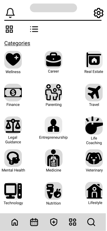 Screenshot of a mobile app interface with categories including Wellness, Career, Real Estate, Finance, Parenting, Travel, Legal Guidance, Entrepreneurship, Life Coaching, Mental Health, Medicine, Veterinary, Technology, Nutrition, and Lifestyle.