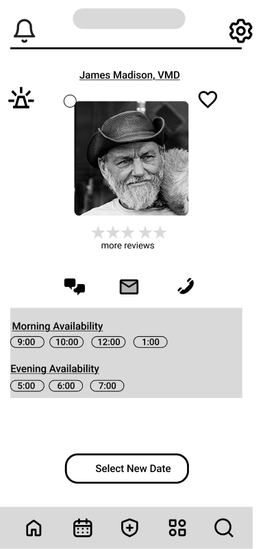 Mobile app interface showing a photo of an older man with a beard and hat, options for review, favorite, and sharing, available appointment times, and a button to select a new date.