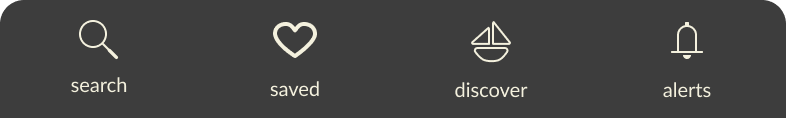 Icons for search, saved items, discover, and alerts on a dark background.