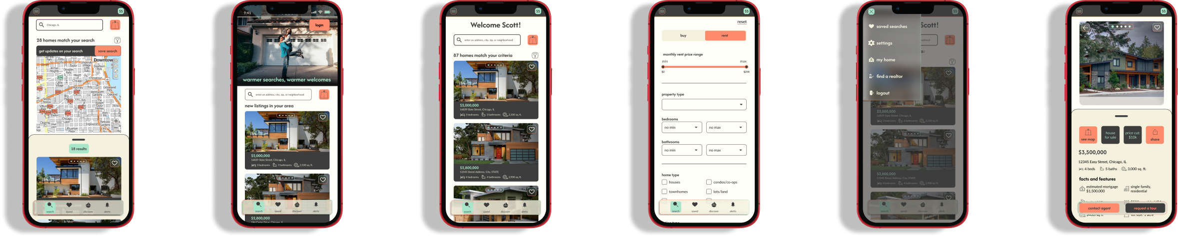 Six smartphone screens showing a real estate app interface with property listings, search filters, and navigation menus, primarily featuring homes for sale in Chicago.