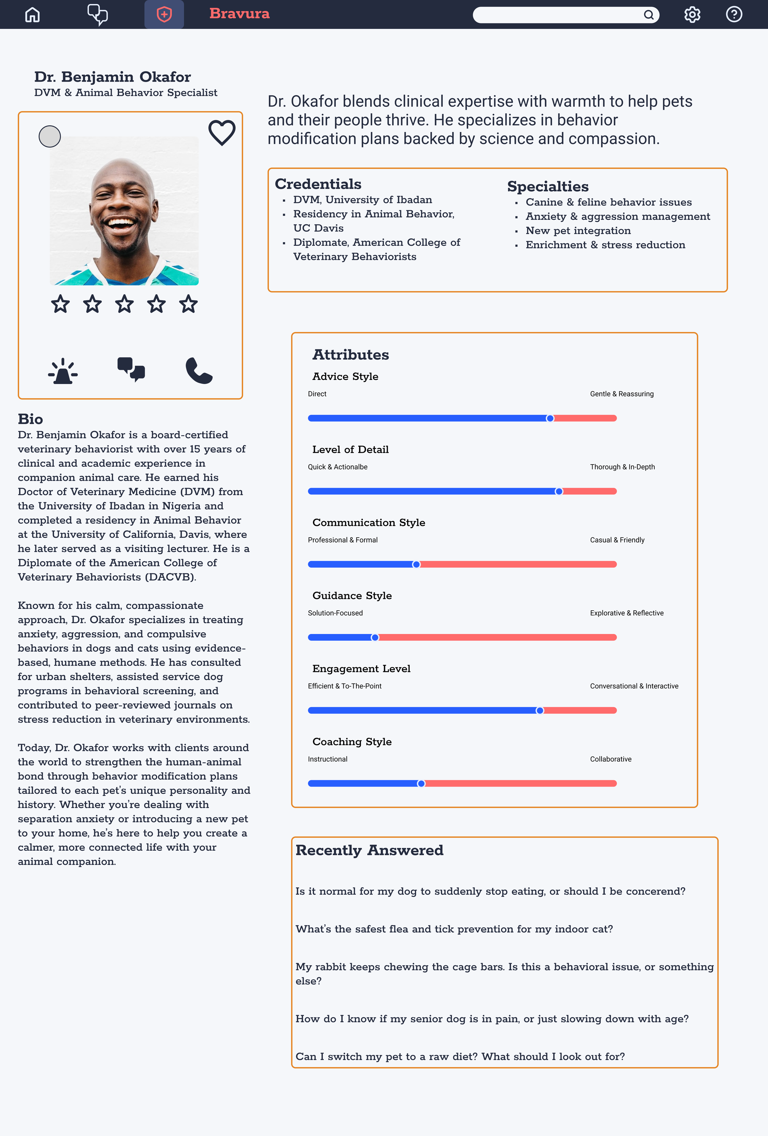 Webpage profile of Dr. Benjamin Okafor, a veterinarian specializing in animal behavior. Features his photo, credentials, specialties, attributes, and a section with recently answered questions about pet health.