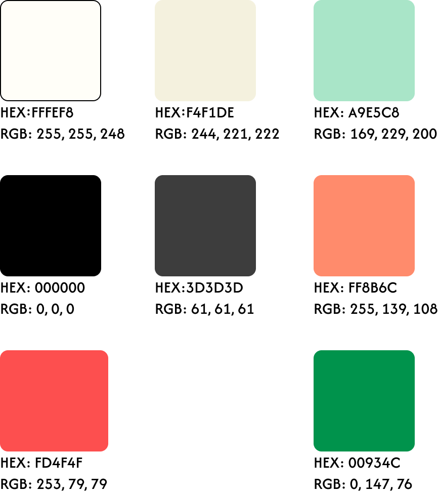 Color palette with six squares in white, beige, light green, black, coral, red, and green.