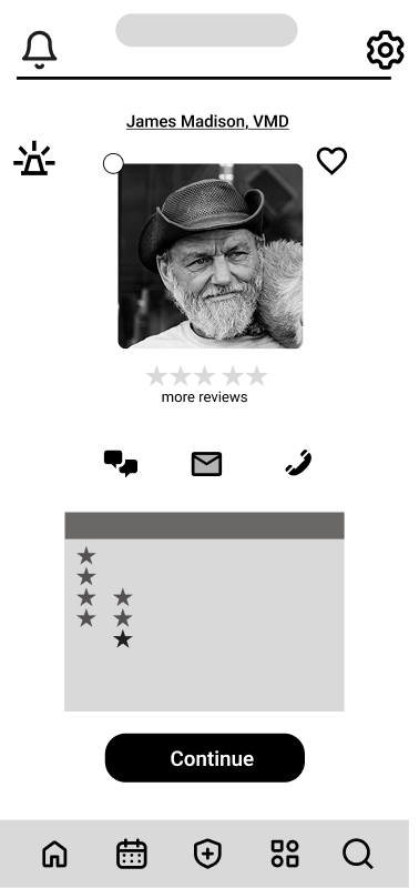 Mobile app screen showing a user profile of James Madison, VMD, with a black and white portrait of an older man with a beard and cowboy hat, five-star rating, review options, and navigation icons.