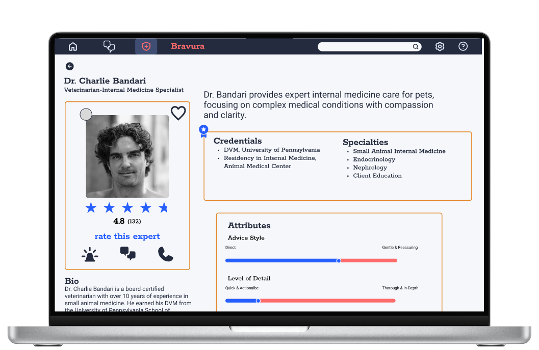 Laptop screen displaying an online veterinary expert profile for Dr. Charlie Bandari, featuring a black-and-white photo, ratings, credentials, specialties, and contact options.