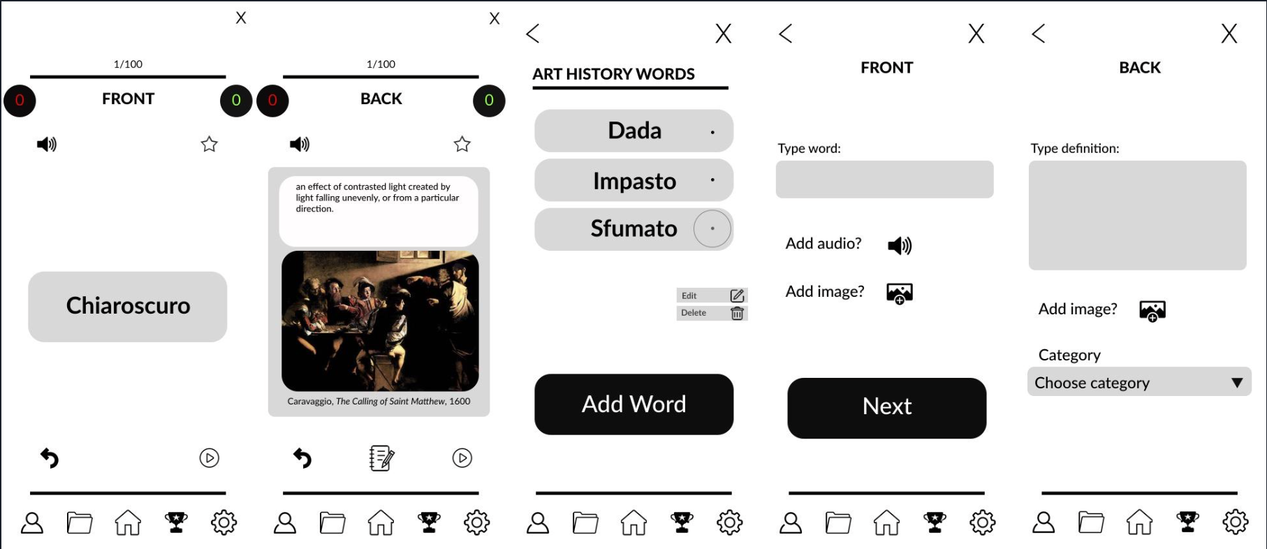 A digital flashcard app interface showing art history words. The words 'Dada', 'Impasto', and 'Sfumato' are listed. The front and back of the card are selectable, with options to add audio or images, and categorize the card. A famous artwork, 'The Calling of Saint Matthew' by Caravaggio, is shown with a description of a contrasting light effect.
