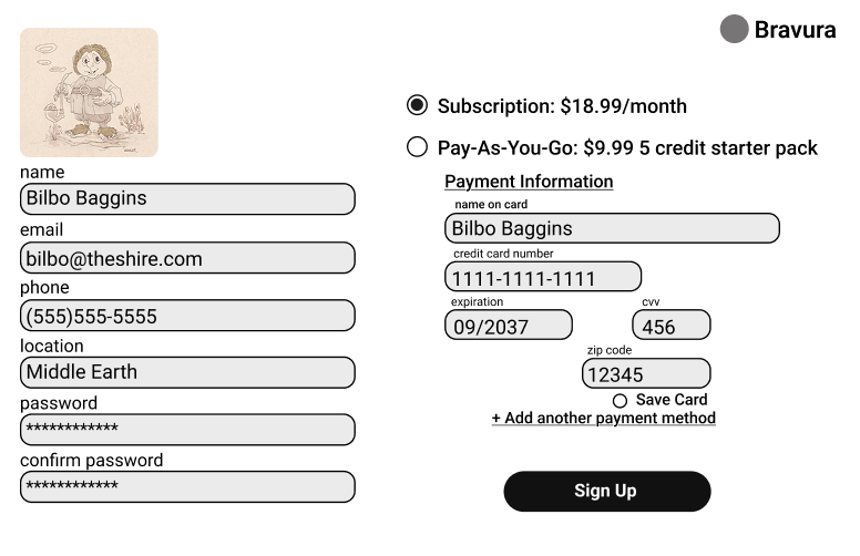 Screenshot of a subscription sign-up form for Bravura. It includes fields for personal information, credit card details, and options for subscription or pay-as-you-go plans.