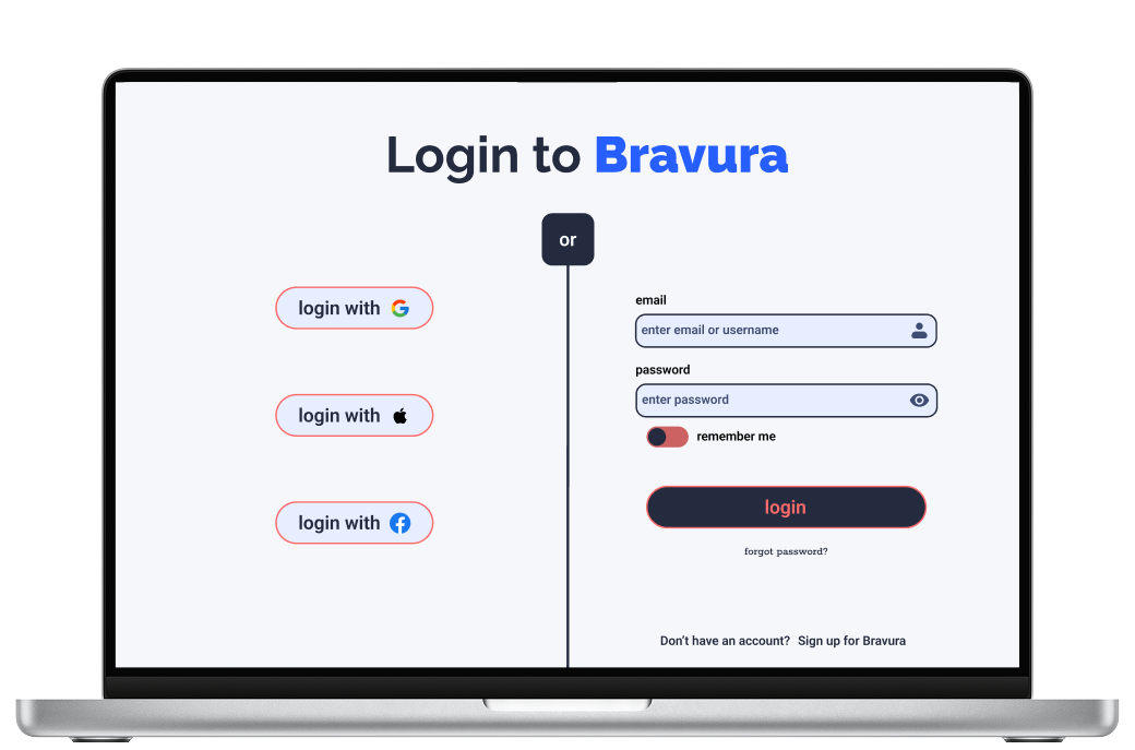 Login screen for Bravura website with options to log in via Google, Apple, or Facebook. Includes email and password fields, a remember me toggle, and a red login button.