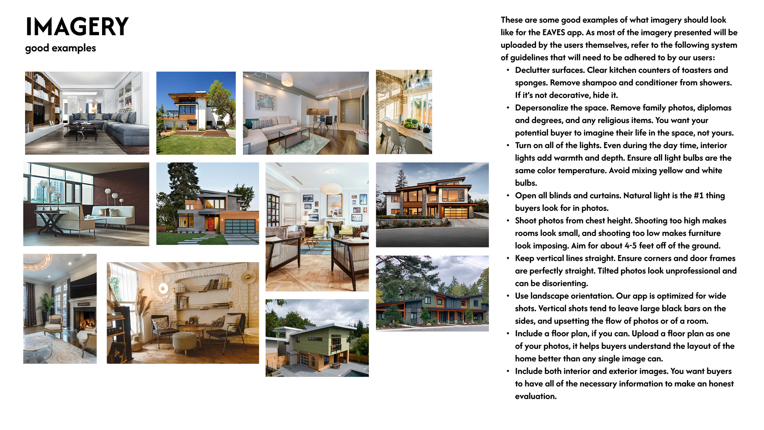 A grid of twelve interior and exterior home photos on the left, and on the right, a list of guidelines for real estate imagery quality.