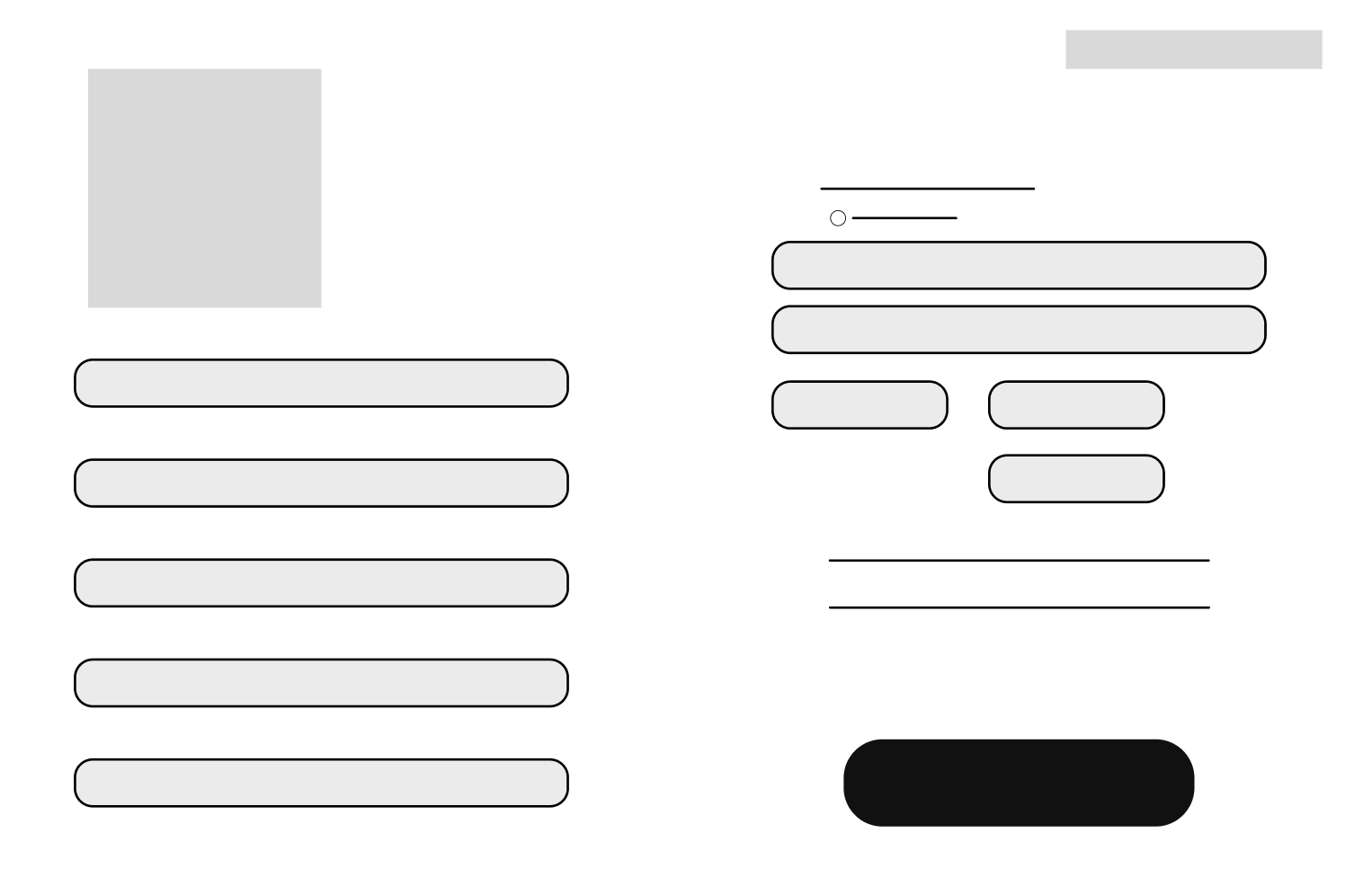Diagram of a user interface with grey placeholders for a profile picture, form fields, and a black button.