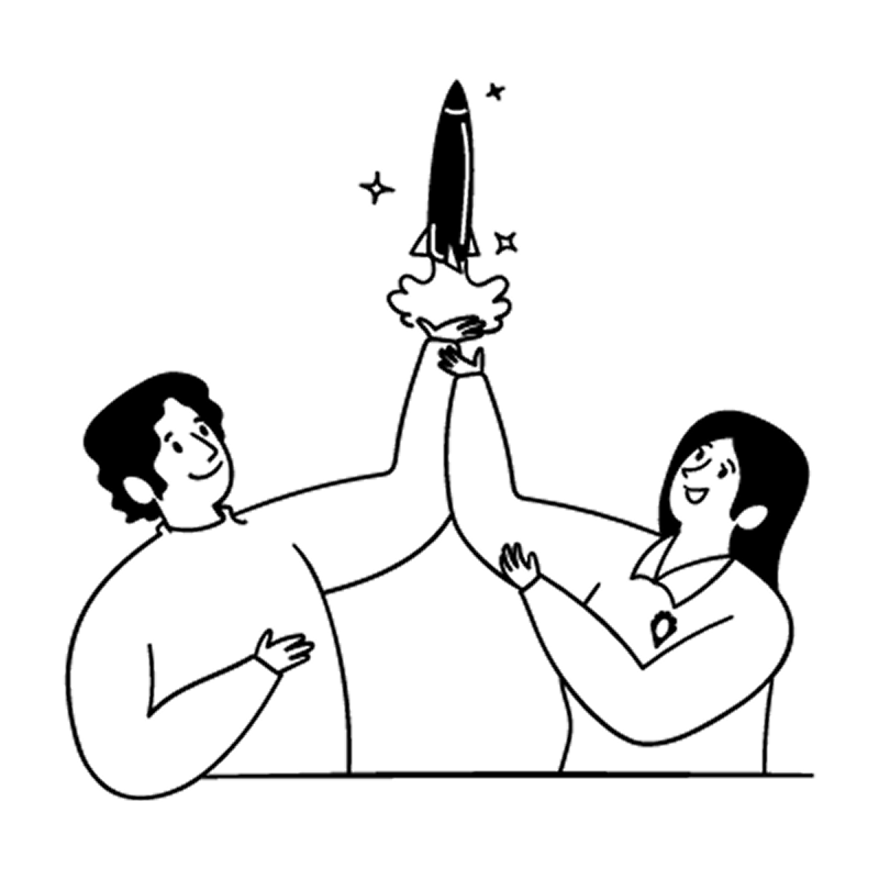 Two people celebrating, one holding a toy rocket and the other smiling, in a black and white line drawing.