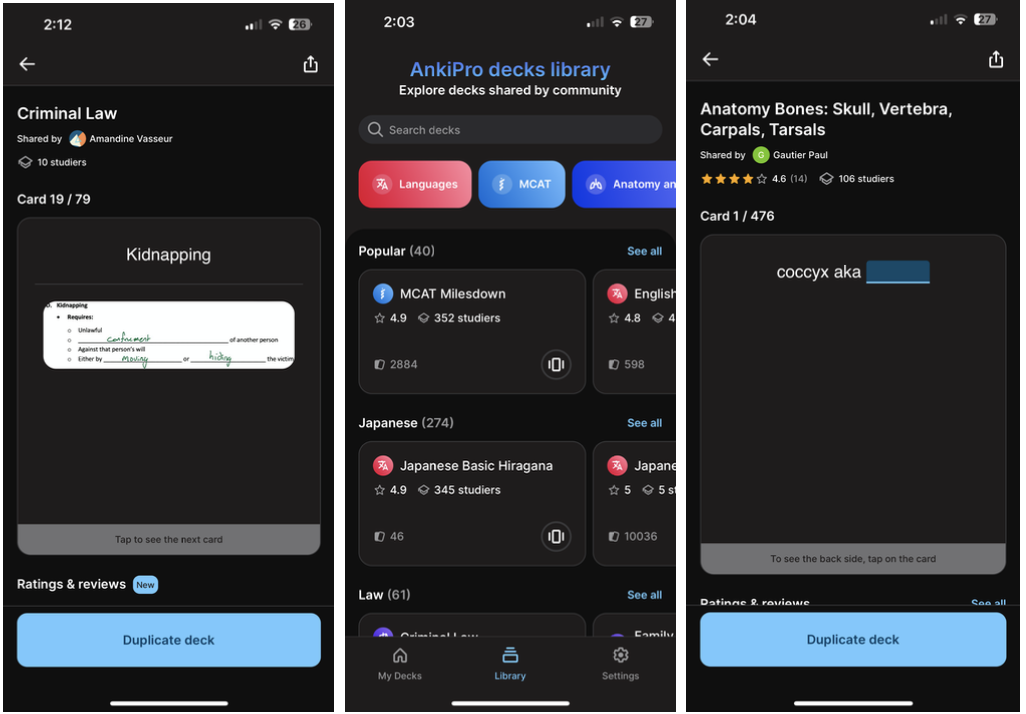 Screenshots of a mobile app called AnkiPro displaying a deck on criminal law, with the card about kidnapping, and a deck on anatomy bones, with a term 'coccyx aka'.