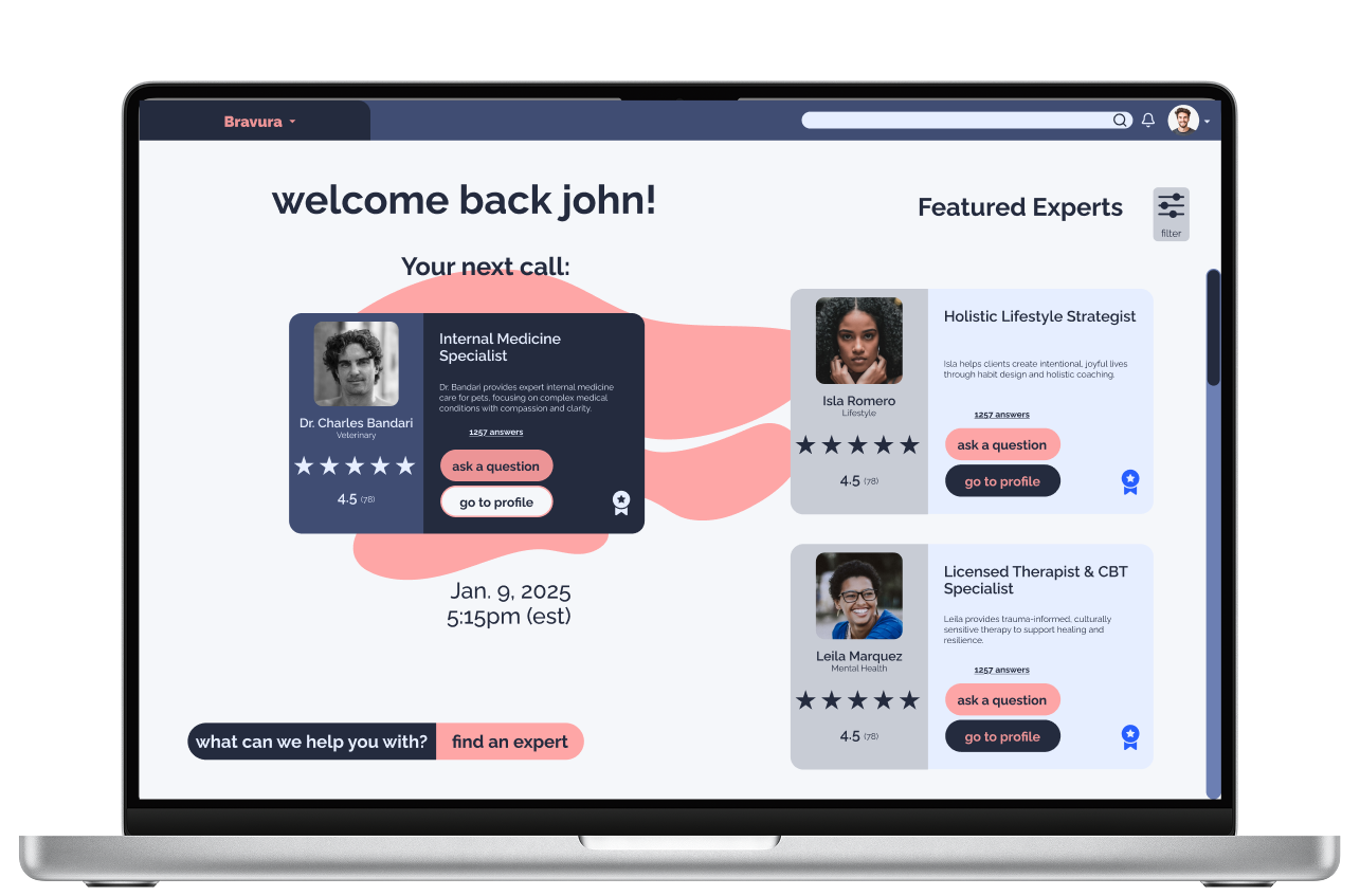 Laptop screen displaying a telehealth platform with options to connect with medical and therapy experts, featuring profile cards with photos, names, expertise, ratings, and action buttons, along with a welcome message and appointment details.