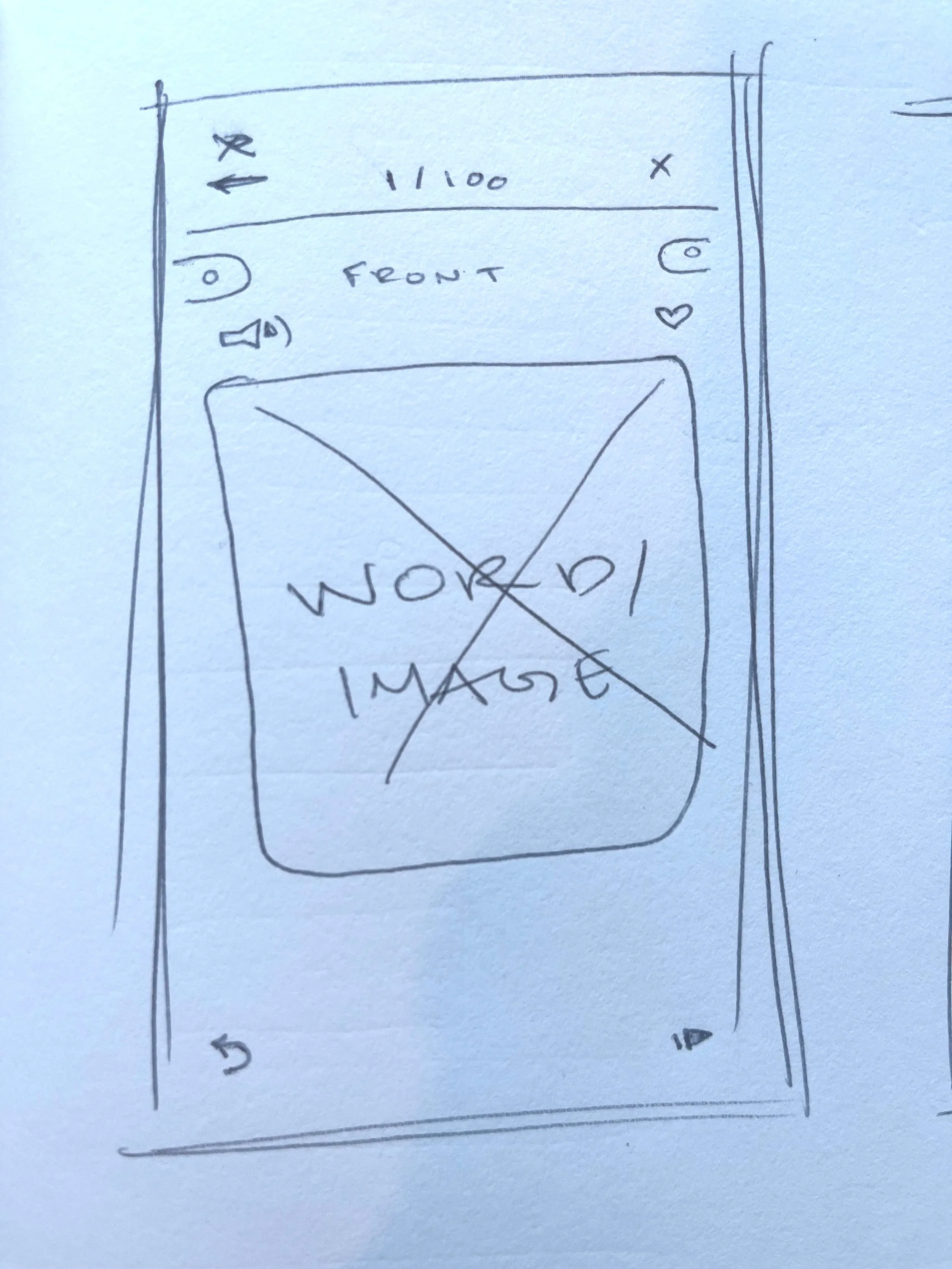 Hand-drawn wireframe of a mobile app screen with a header containing icons, a section labeled 'FRONT', a square placeholder for an image with 'WORK IMAGE' written inside, and arrow icons indicating navigation.