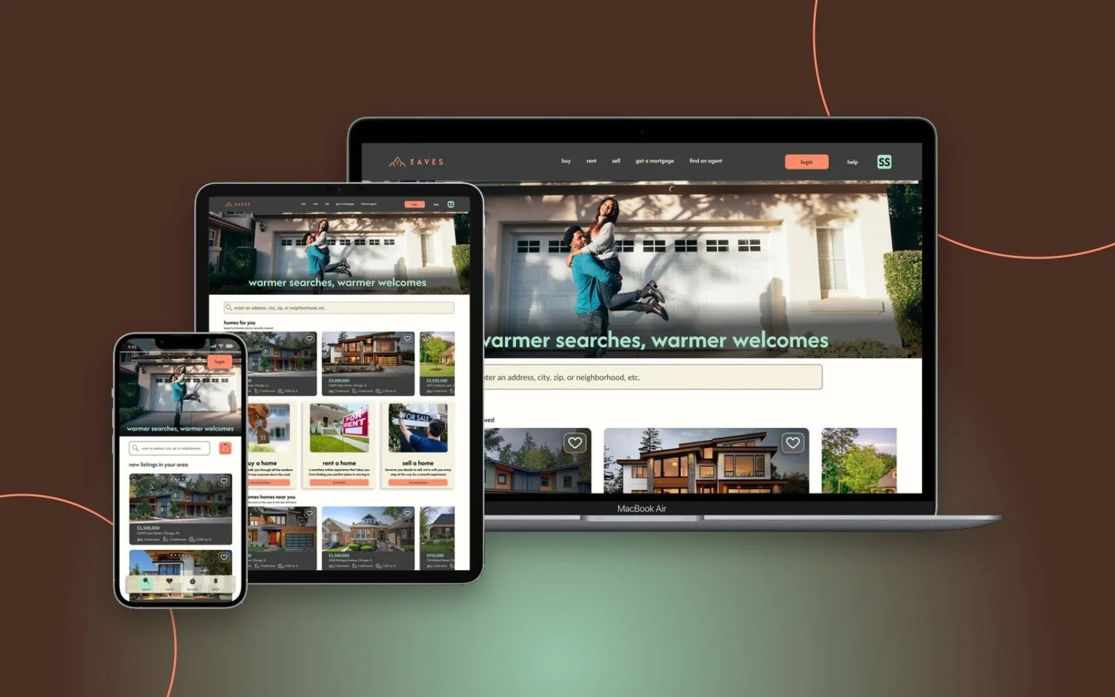 Multiple electronic devices displaying a real estate website with listings of houses, including a laptop, tablet, and smartphone, on a brown and green background.