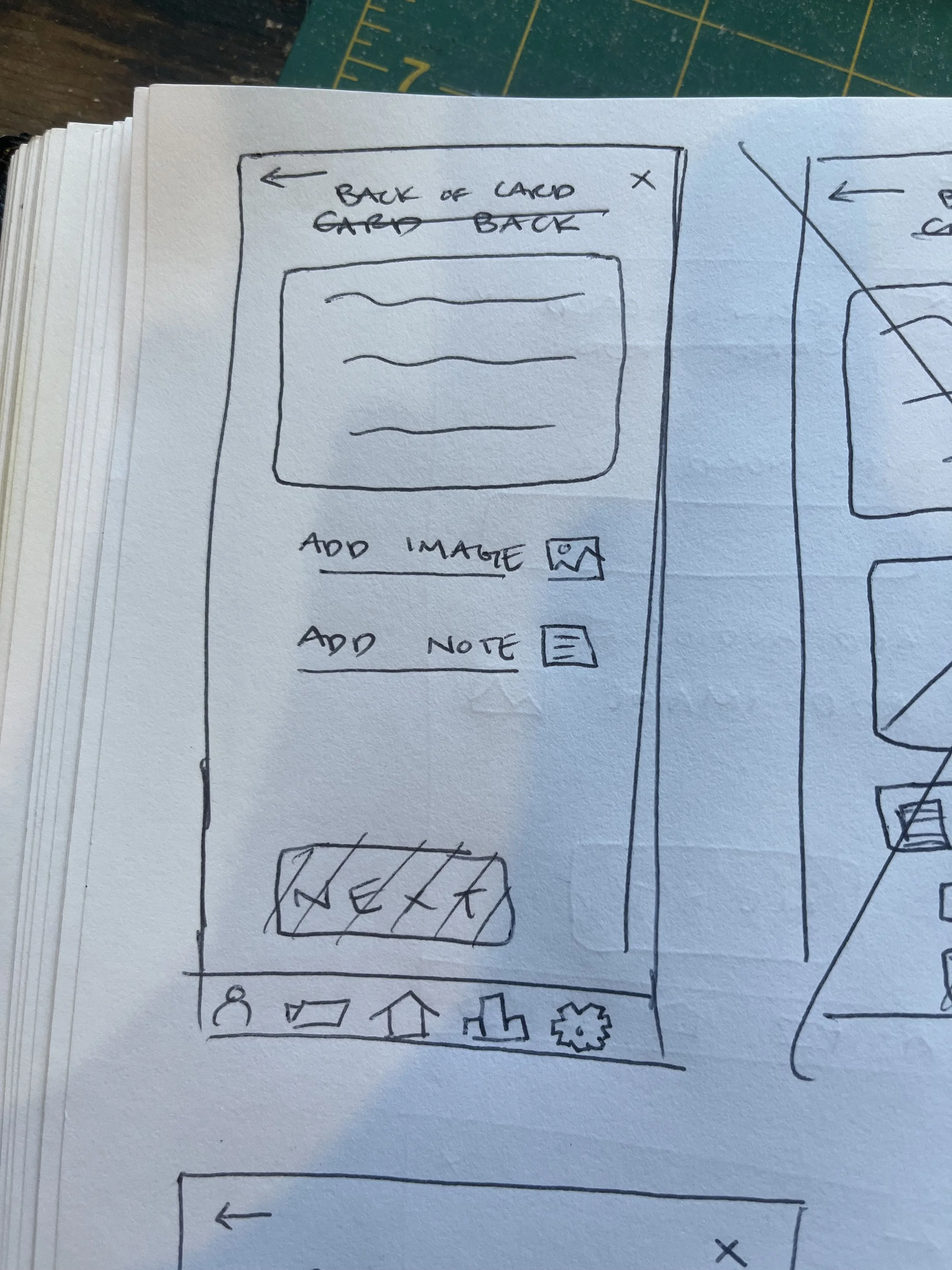 Hand-drawn sketch of a mobile app interface with sections for back button, image placeholder, add image option, add note option, and icon menu at the bottom.
