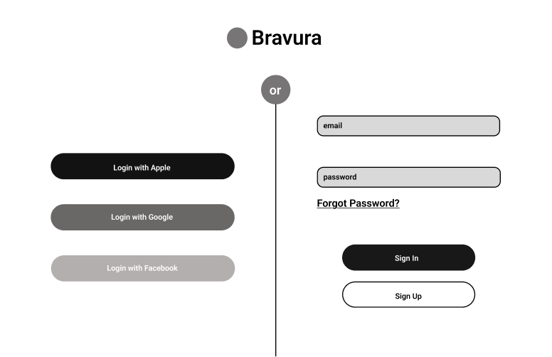 Login form with options to log in using Apple, Google, or Facebook, and a Bravura sign at the top.