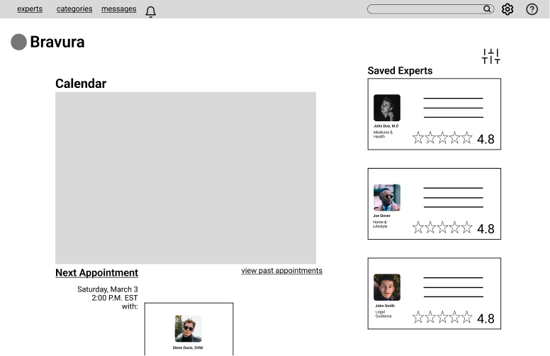 A digital interface of a scheduling or healthcare app named Bravura, showing a calendar and upcoming appointments. On the right, there are saved experts with names, titles, ratings, and profile pictures.