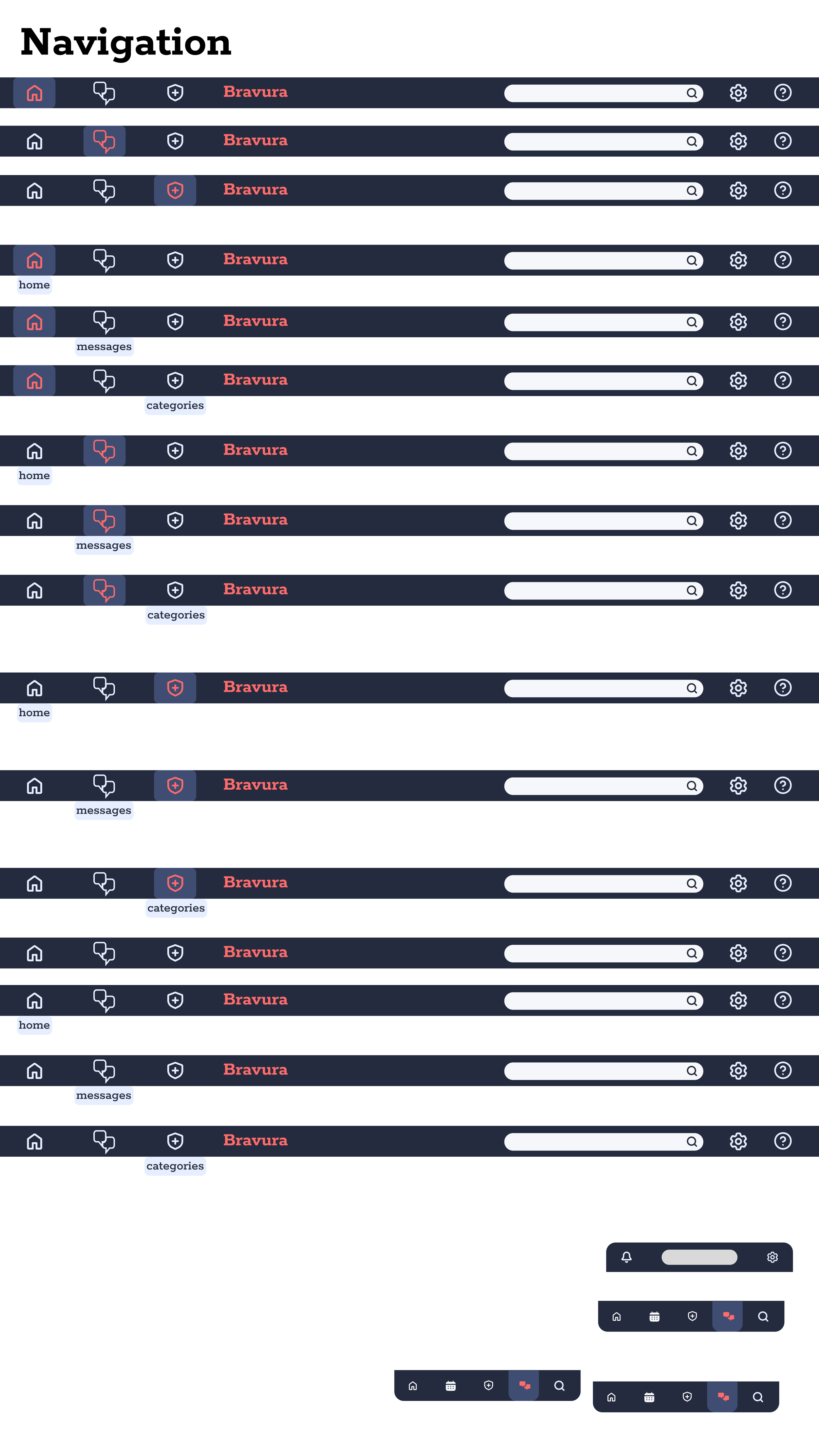 Screenshot of a mobile user interface navigation menu with icons and text labels, repeated several times across the screen, showing icons for home, messages, categories, and settings, with the word 'Bravura' in red.