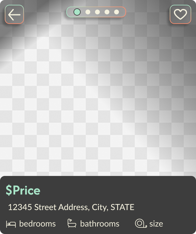 Screenshot of a real estate mobile app interface showing property details including price, address, and icons for bedrooms, bathrooms, and size, with a gradient checkered background and navigation icons at the top.