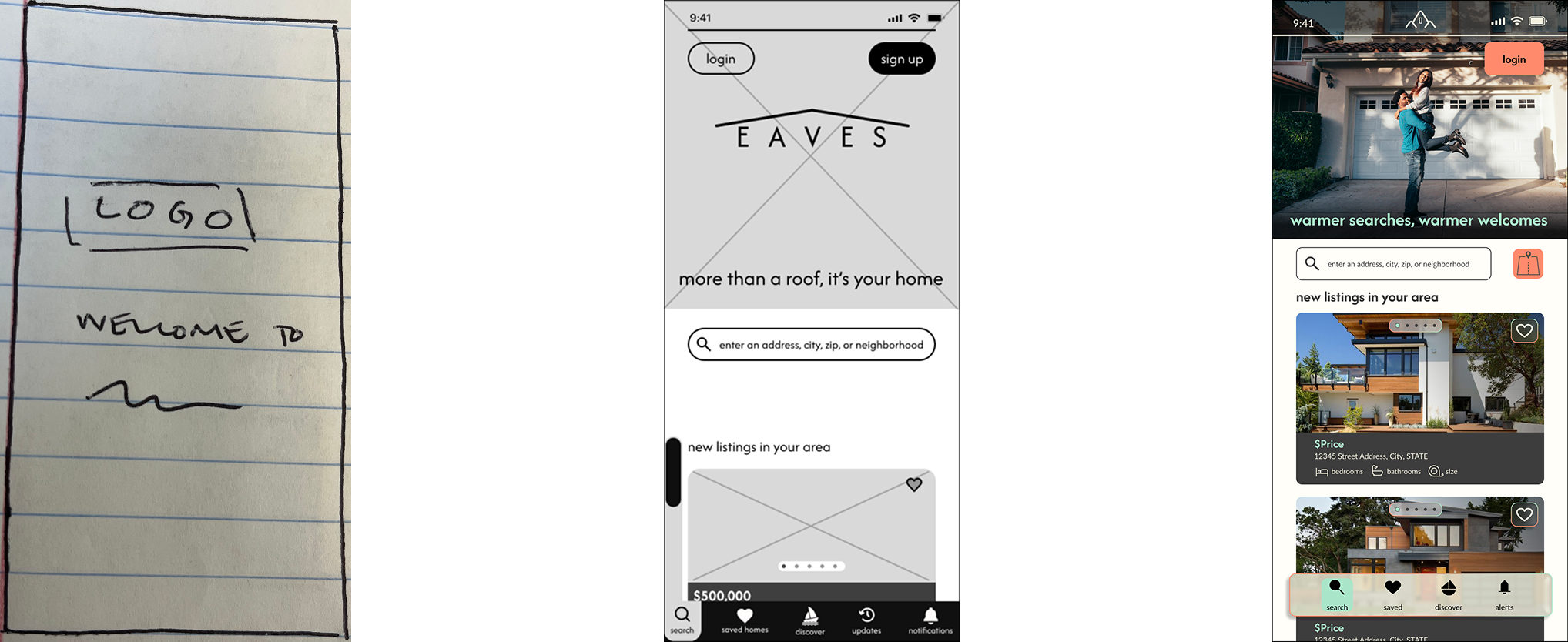 A collage of four images showing a handwritten note, a mobile app interface for a real estate platform called Eaves, and screenshots of a mobile app showing property listings and navigation options.