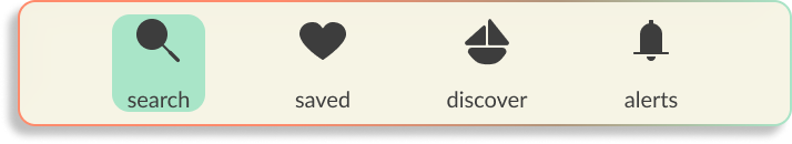 Screenshot of navigation menu with icons and labels for Search, Saved, Discover, and Alerts.