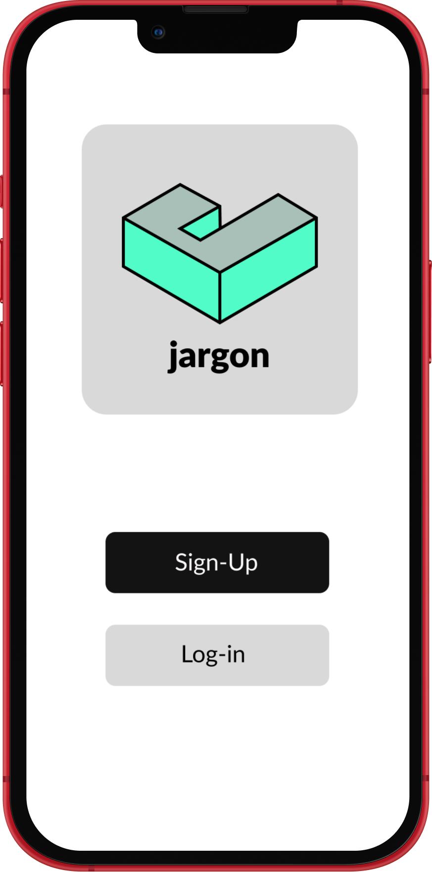 Mobile app login screen with a logo resembling three-dimensional blocks and the word 'jargon', featuring Sign-Up and Log-in buttons.