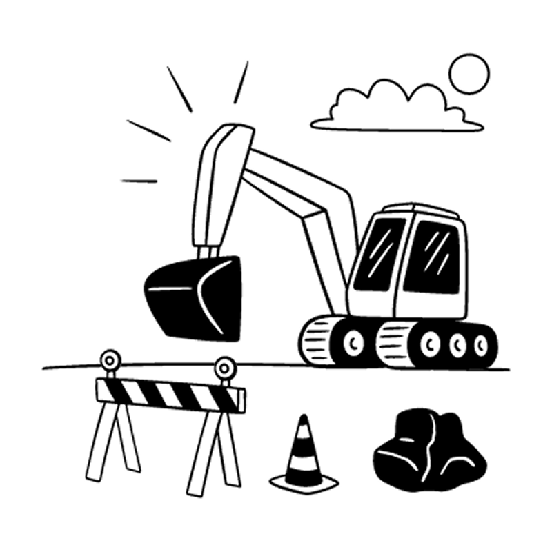 Line drawing of an excavator at a construction site with a safety barrier, traffic cone, and rock, under a sun and cloud.