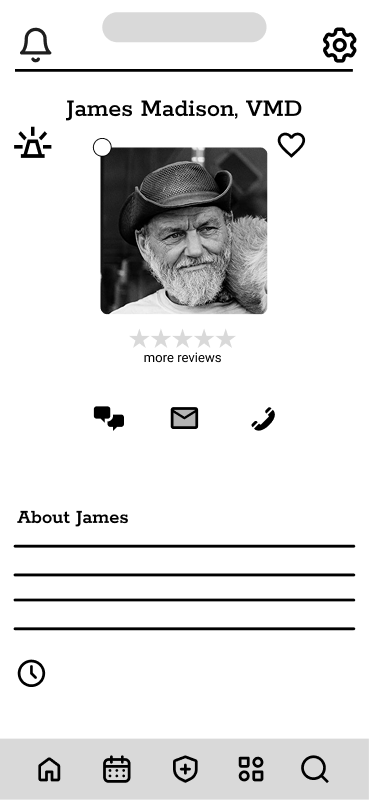 Mobile app profile page of James Madison, VMD, featuring a black and white photo of an older man with a beard and cowboy hat, displaying contact icons and a review section.