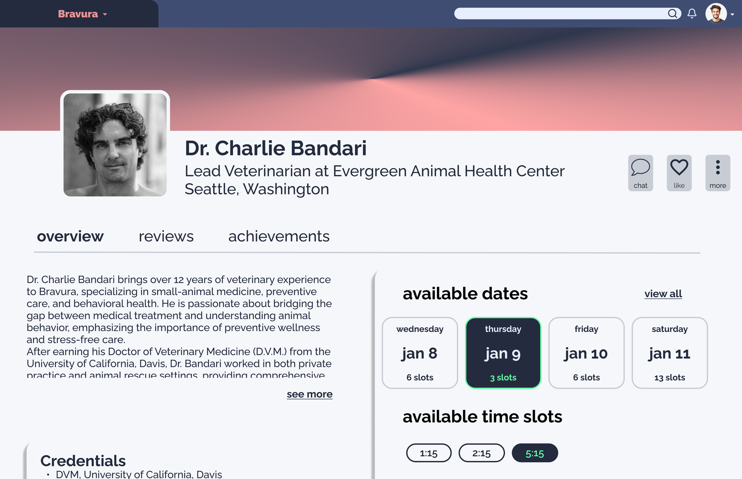 Veterinarian scheduling page for Dr. Charlie Bandari, showing his profile picture, professional title, location, and available appointment dates and times in January.