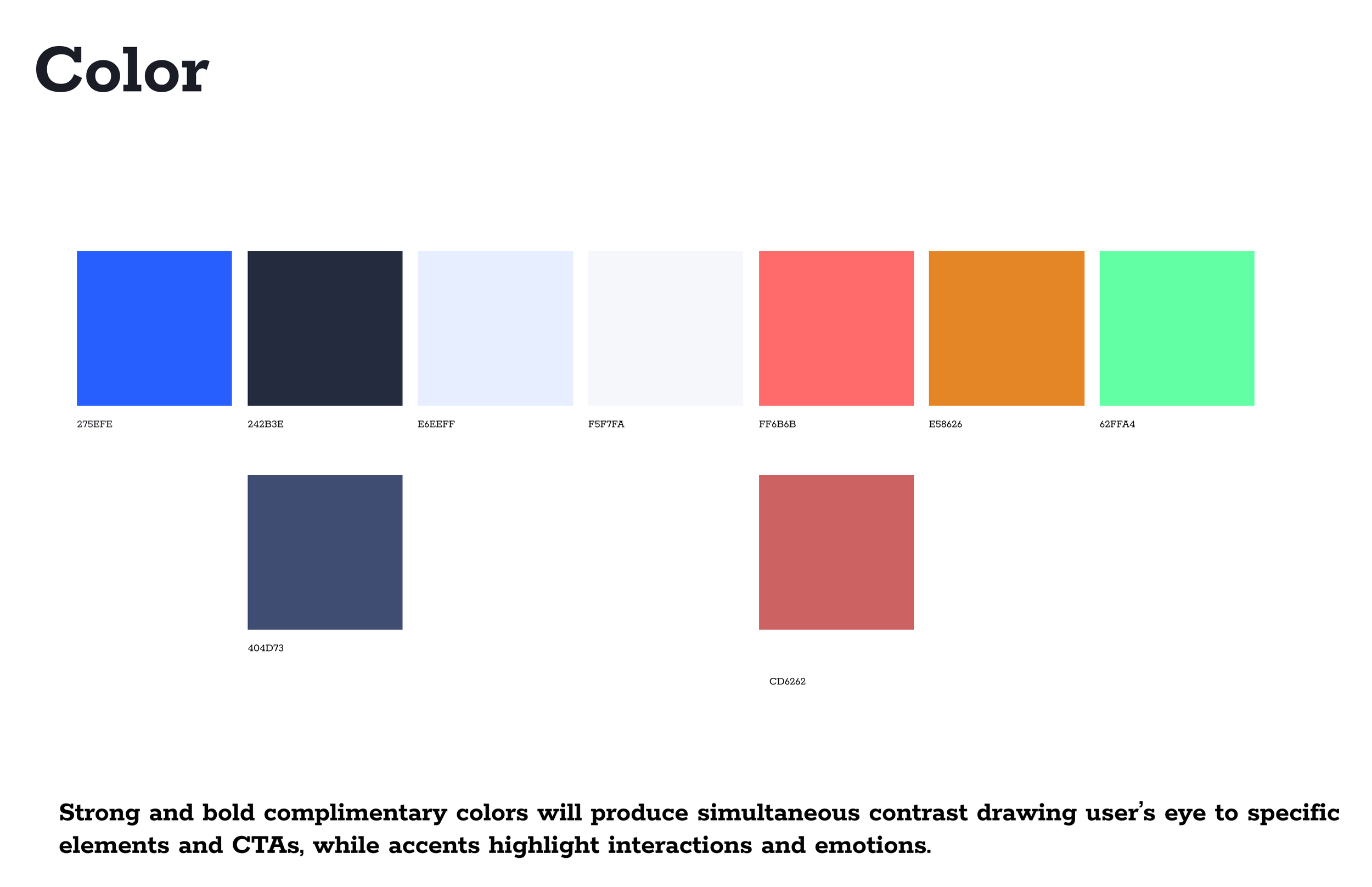 A color palette featuring seven colors: bright blue, navy blue, light blue, pastel blue, coral red, orange, mint green, navy blue, and muted red with hex codes listed beneath each. The text explains the use of strong, bold complementary colors for contrast and highlights interactions and emotions.