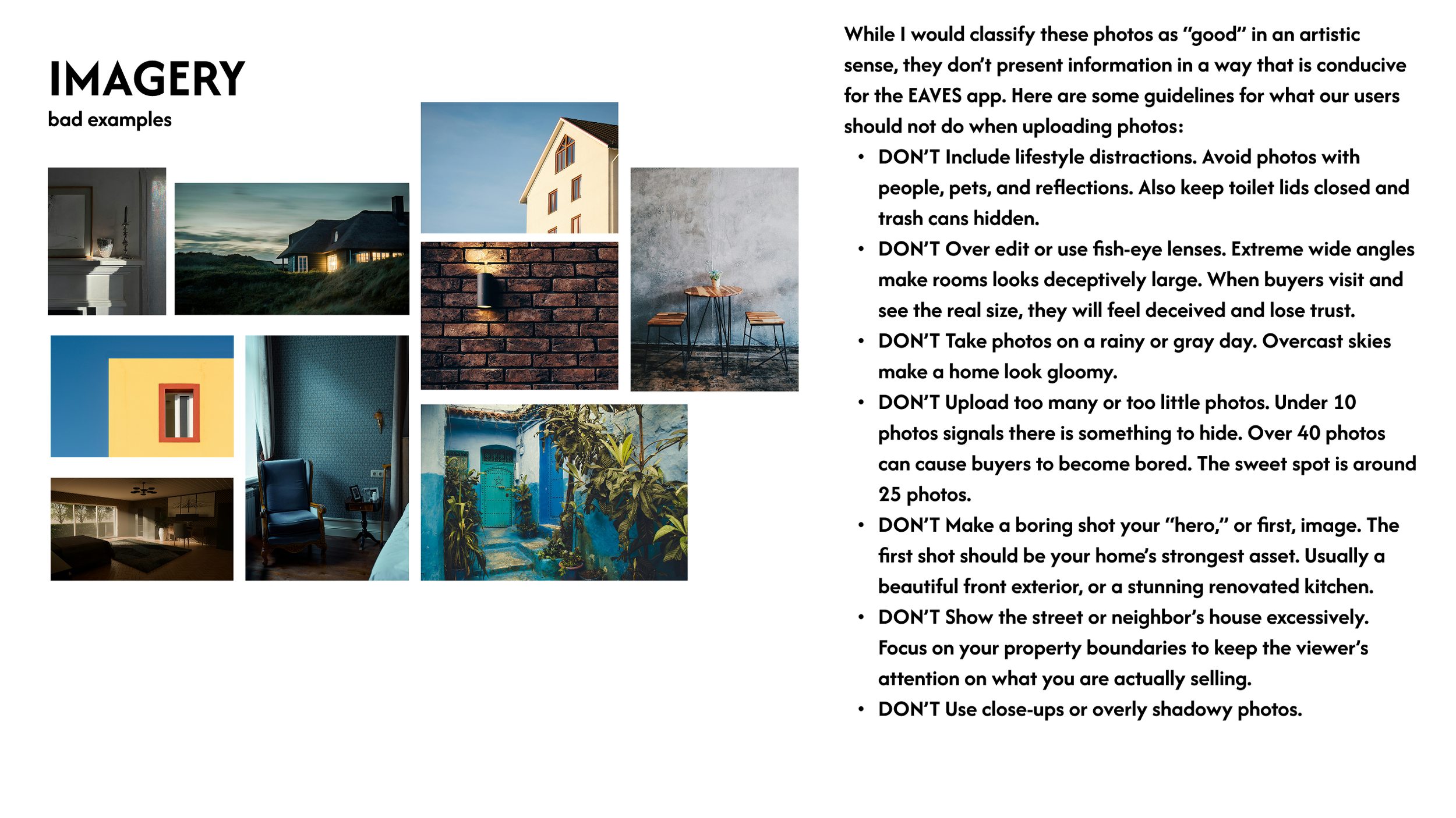 Collection of interior and exterior home photos with guidelines for uploading property photos, including avoiding distractions, over editing, and poor weather conditions.