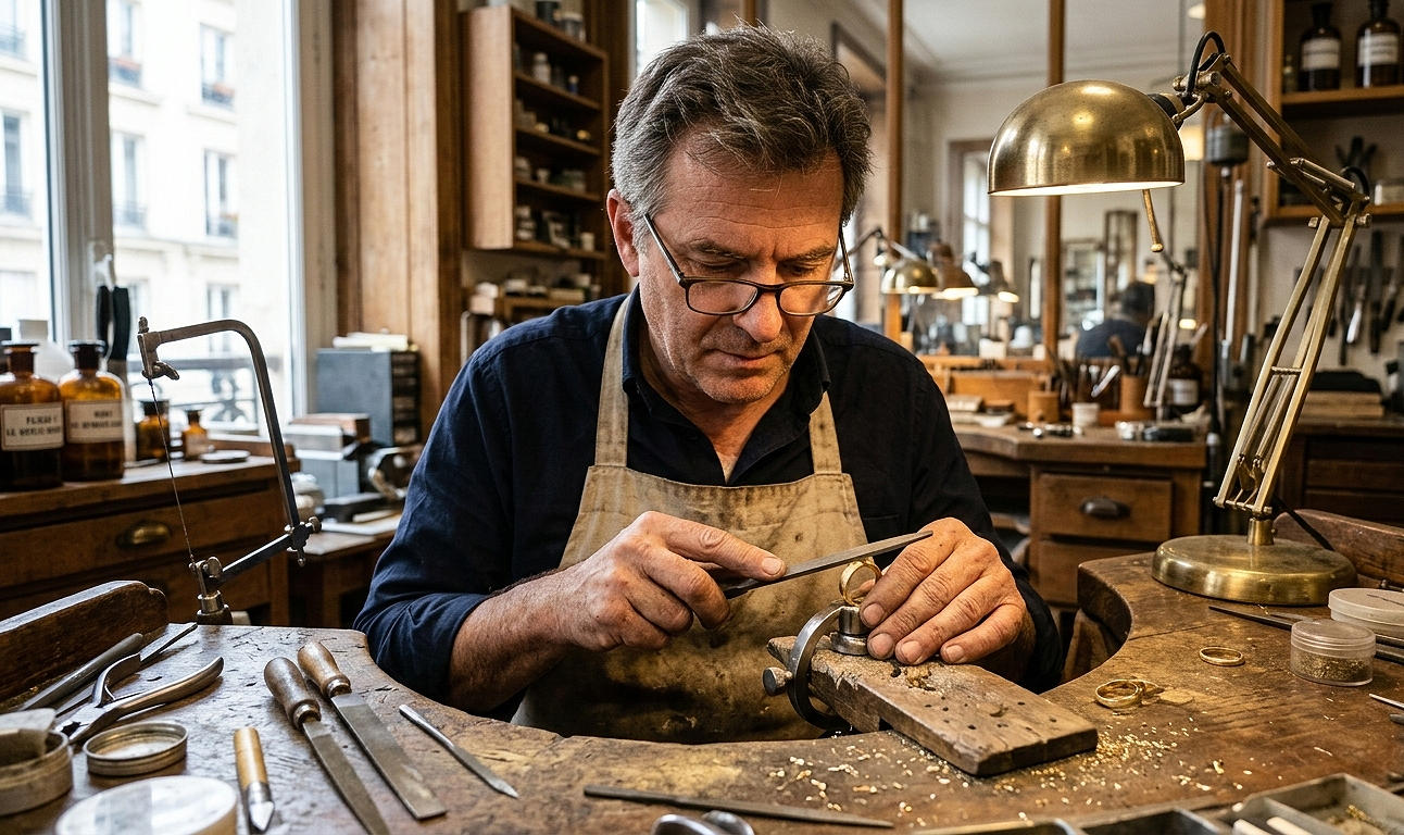 Artisan joaillier fabriquant un bijou dans un atelier parisien