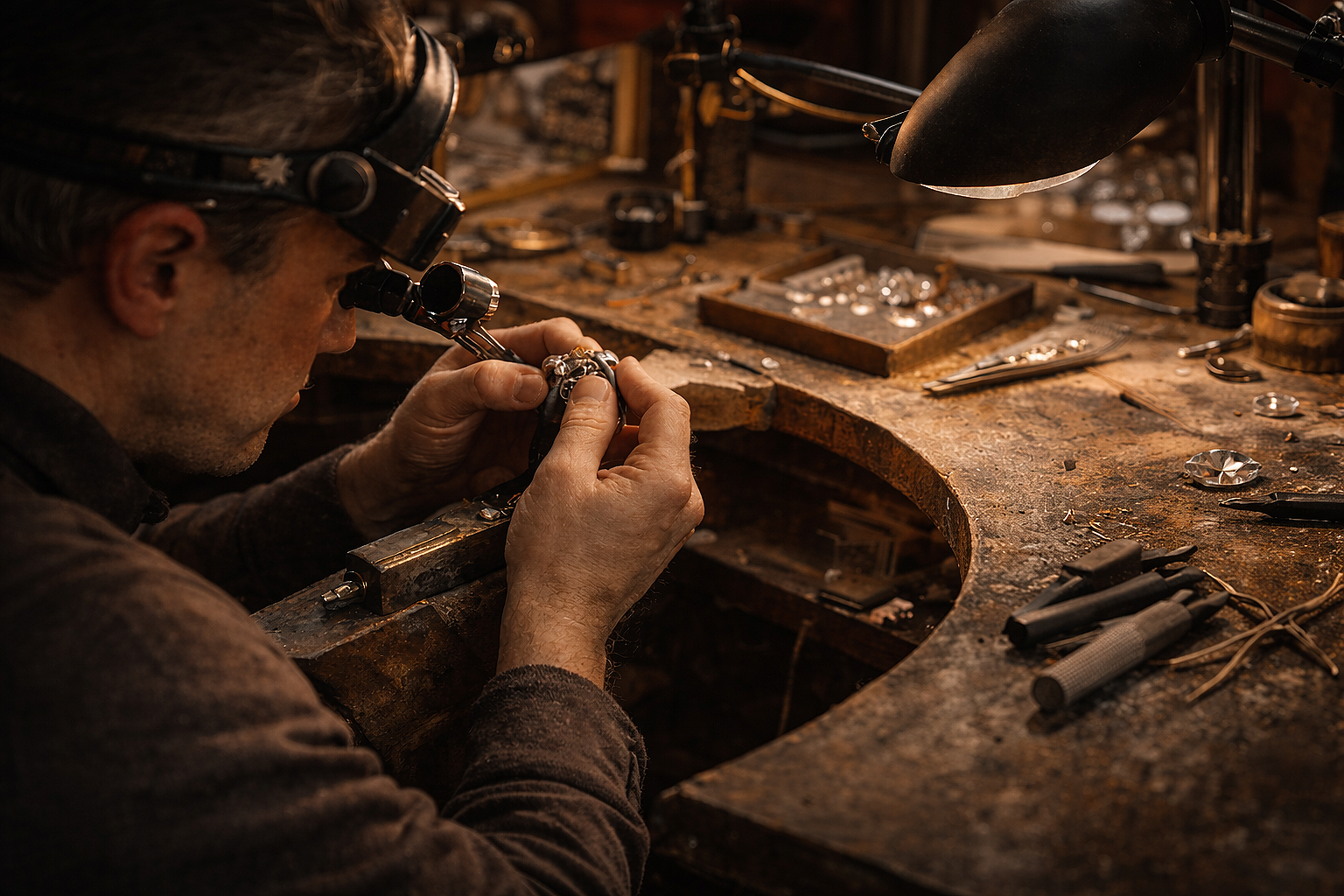 Artisan joaillier façonnant une bague à l'établi