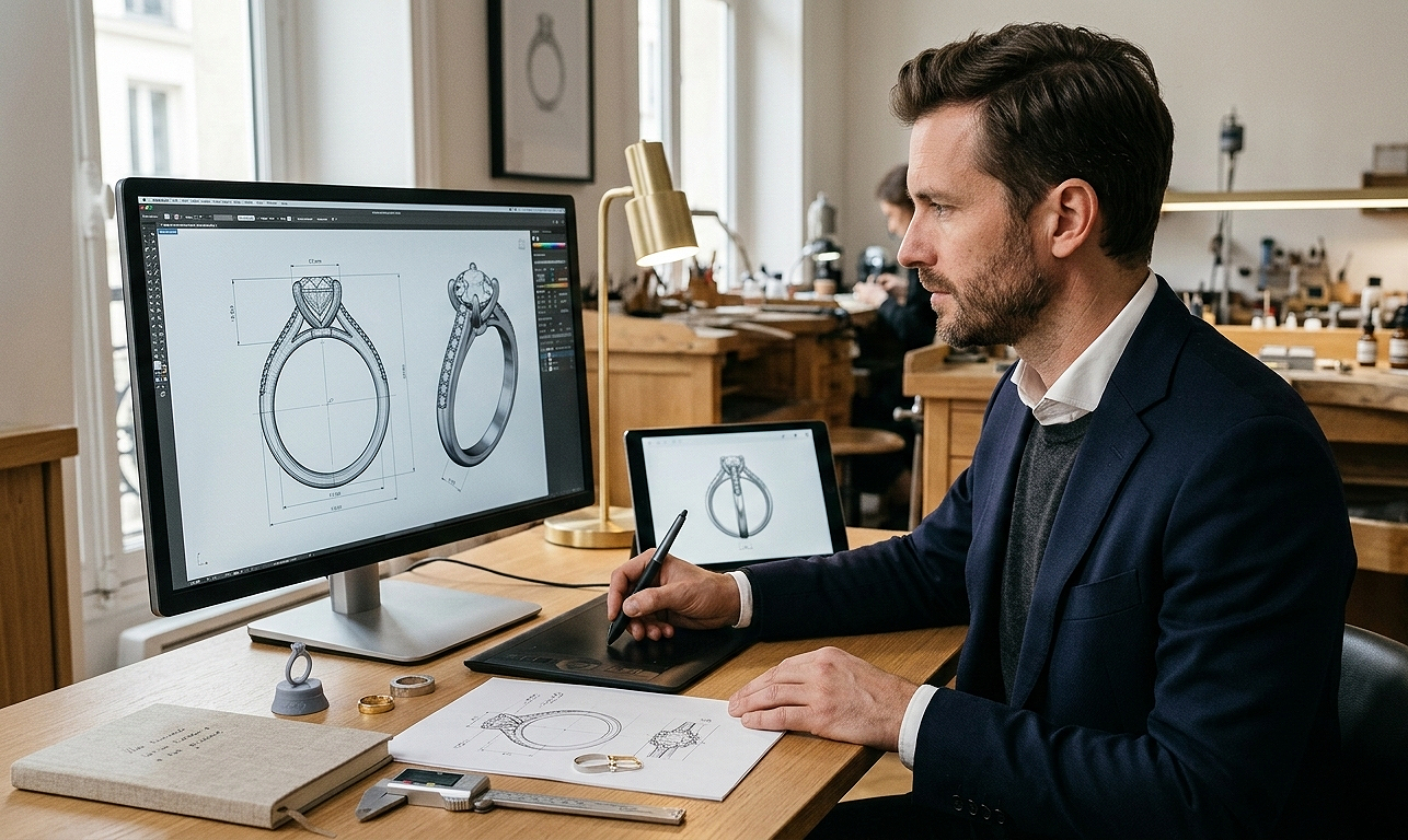 Conception en 3D d'une bague de fiançailles sur ordinateur