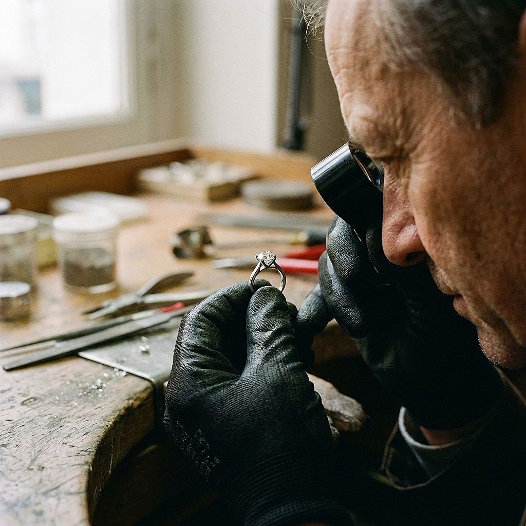 Artisan joaillier contrôlant un bijou à la loupe