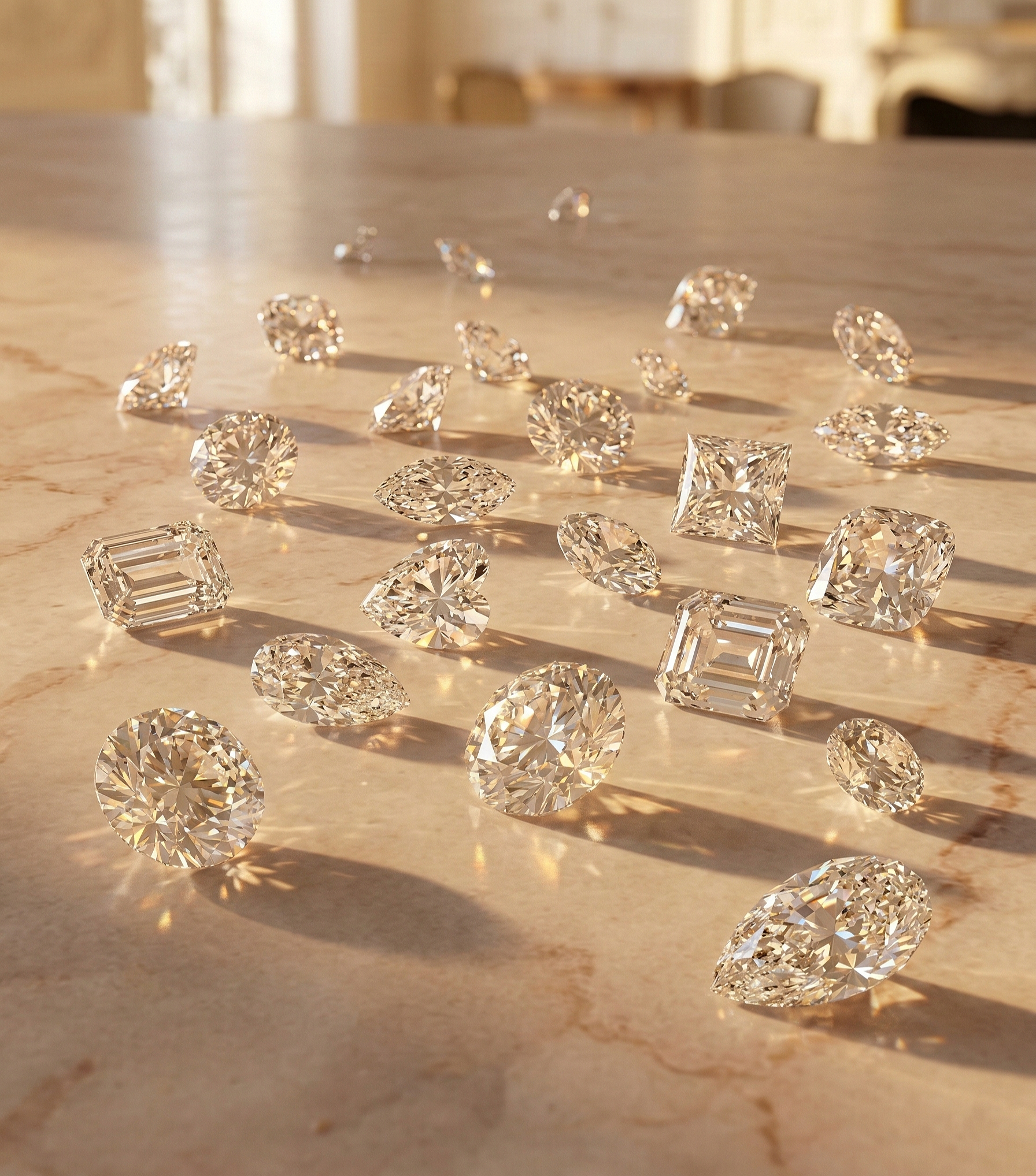 Diamants de différentes tailles posés sur du marbre