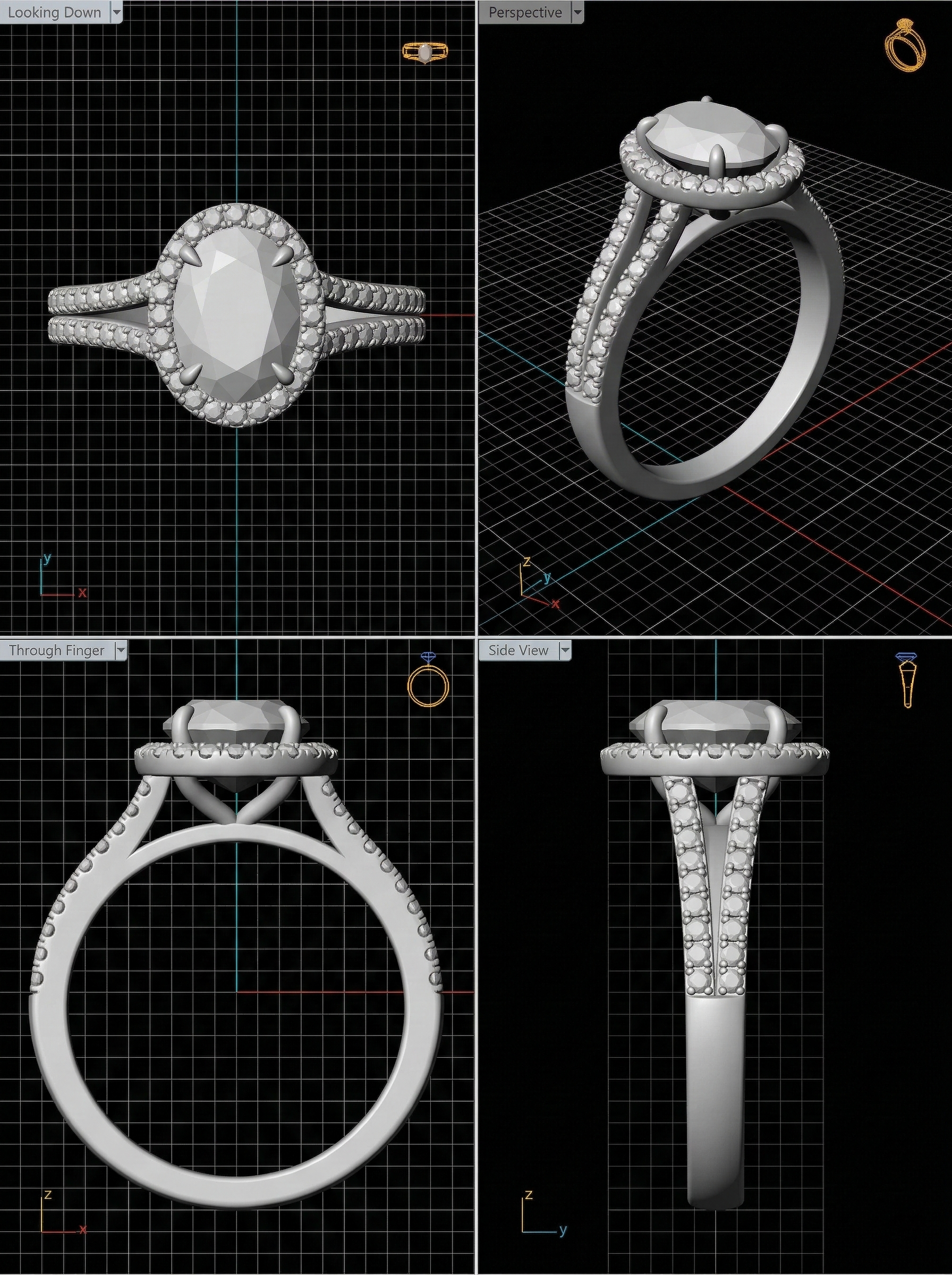 Vues 3D d'une bague de fiançailles à halo et rendu final en or jaune