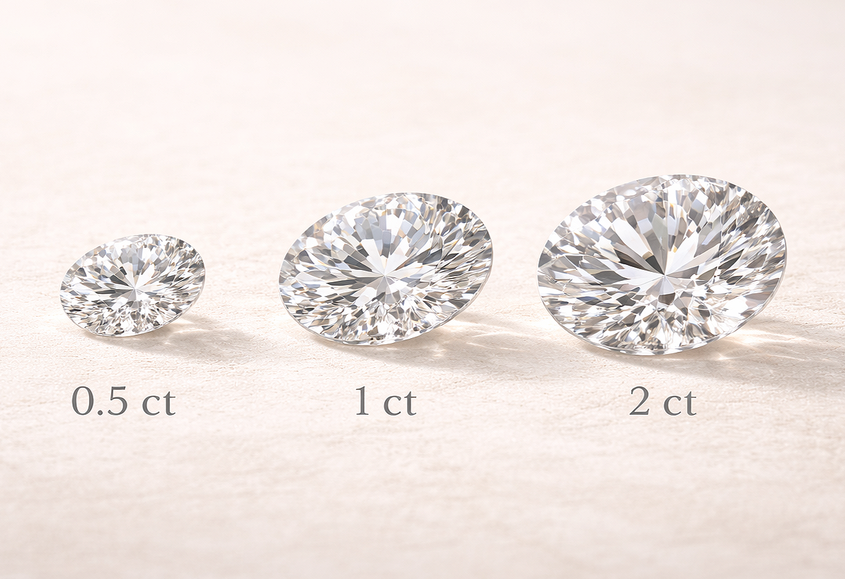 Trois diamants ronds de différents carats illustrant le poids