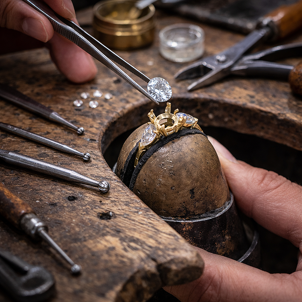 Sertissage d'un diamant sur une bague en or à l'établi