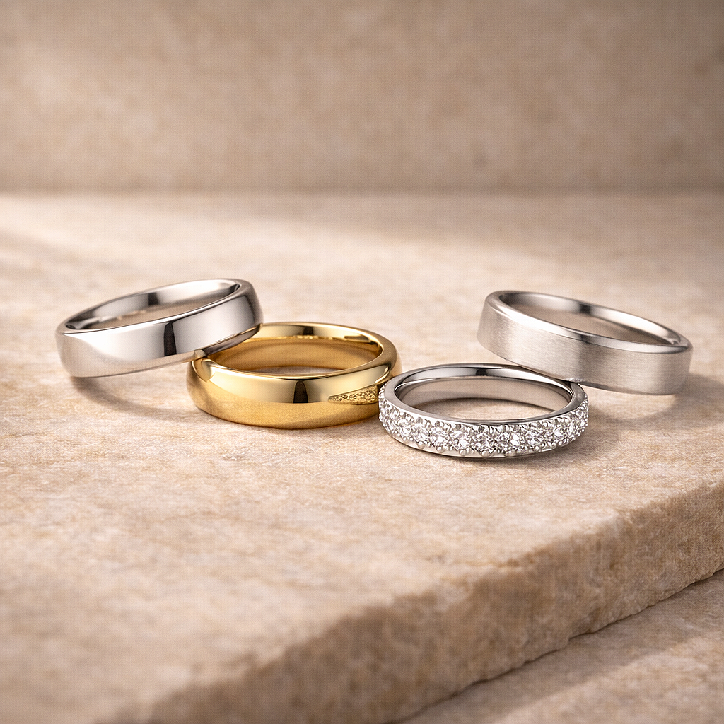 Assortiment d'alliances en or blanc, jaune et rose