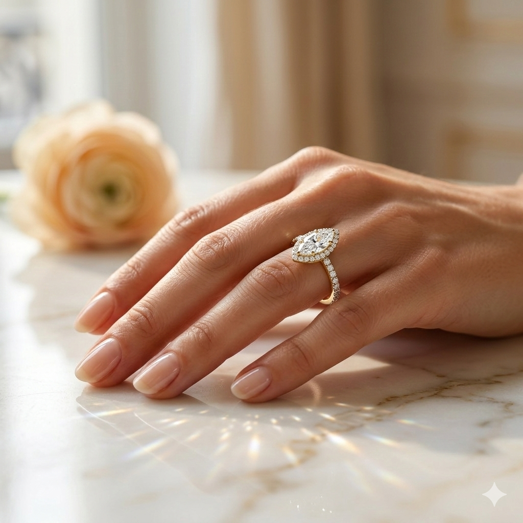 Main de femme portant une bague de fiançailles