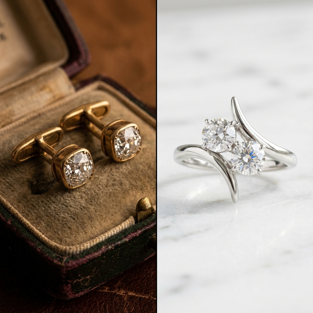 Anciens boutons de manchette transformés en bague toi et moi diamant