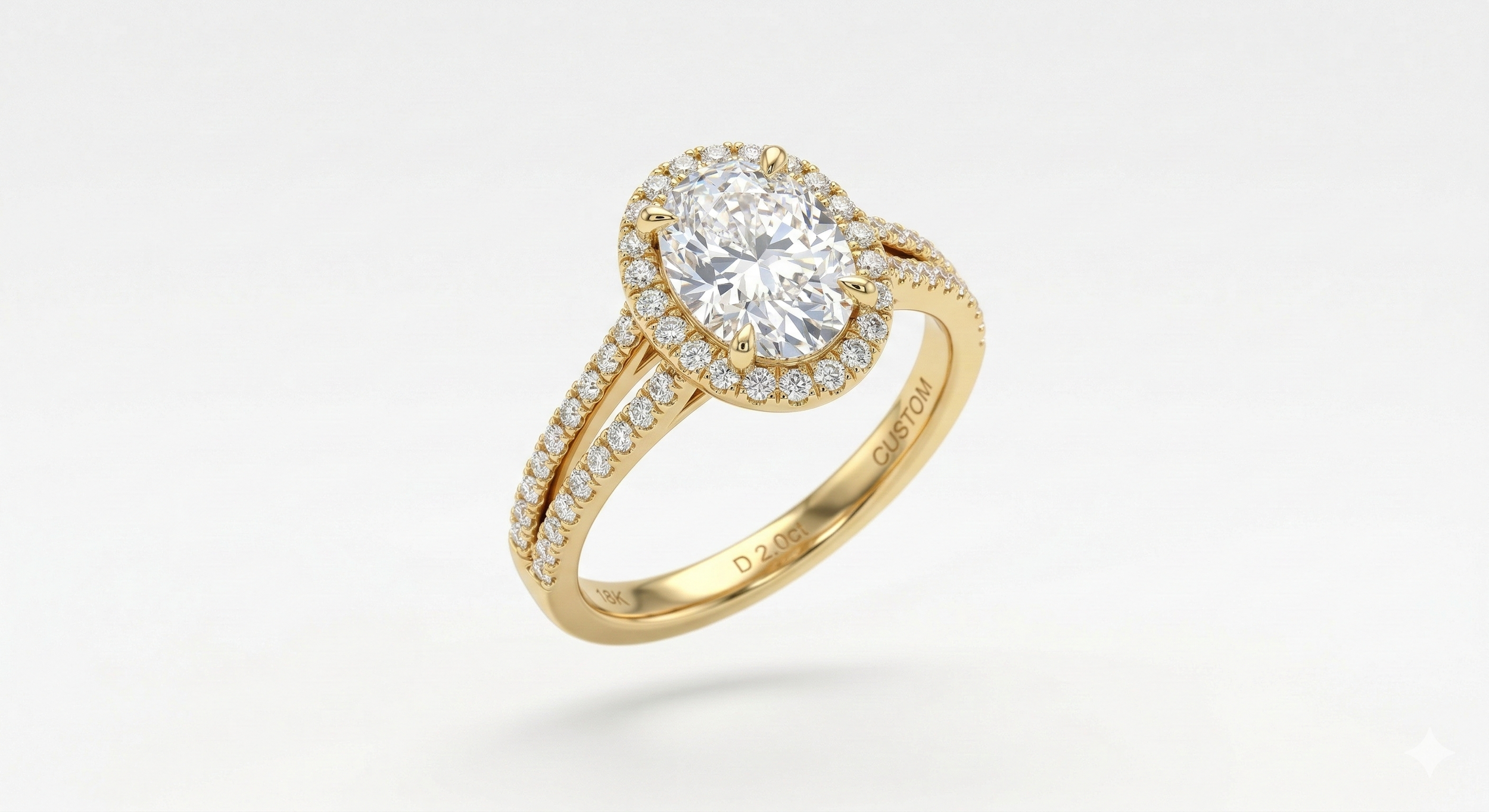 Bague de fiançailles à halo et rendu final en or jaune
